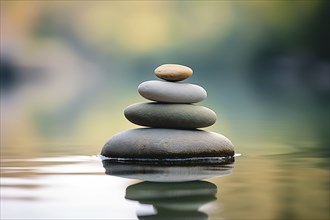 Stack of zen stones on water with a nature background. The image conveys a sense of balance,