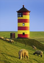 Pilsum lighthouse with sheep on the dike, Pilsum, Krummhörn, East Frisia, Lower Saxony, North Sea,