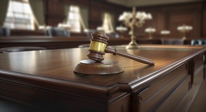 Gavel resting on a table inside an empty courthouse