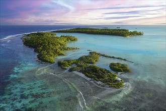 Aerial view, Uninhabited Island, Lagoon, At South Pass, South Channel, Fakarava Atoll, Tuamoto