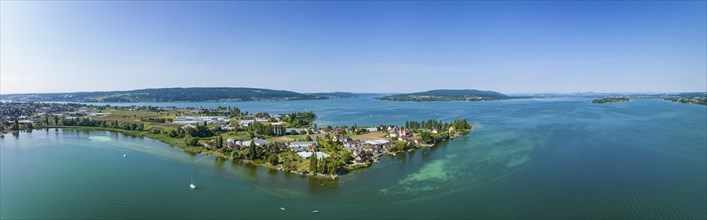 Aerial panorama of Reichenau Island seen from the north, on the horizon on the left the Thurgau