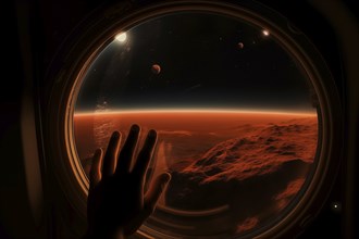 Mars landscape seen through spaceship window illuminator with astronaut hand touching the glass.