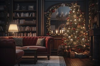 A cozy interior living room decorated for Christmas with a Christmas tree with presents gift boxes.