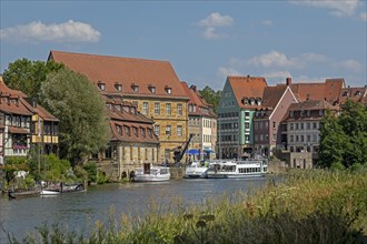 Excursion boats, Regnitz, harbour, Bamberg, Upper Franconia, Bavaria, Germany, Europe