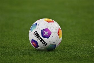 Adidas Derbystar match ball lies on grass, logo, Allianz Arena, Munich, Bavaria, Germany, Europe