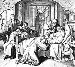 Martin Luther praying at the bedside of the sick Melanchton, Weimar, room, window, table, doctor,