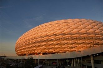 Allianz Arena in the evening light, golden hour, Munich, Bavaria, Germany, Europe