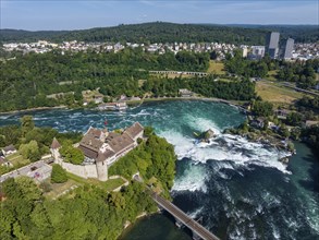 Aerial view of the Rhine Falls with Laufen Castle, Neuhausen, Canton Schaffhausen, Switzerland,