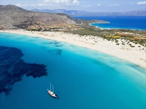 Drone shot, double bay of Simos beach, Sarakiniko beach, Elafonisos, Deer Island, Laconia,