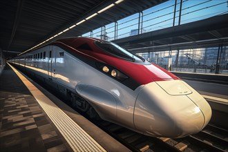 Modern high speed train in a futuristic train station. Modern transportation technology, speed,