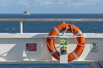 Ferry, container ship, sea, North Sea, lifebuoy, near Dover, Kent, England, Great Britain