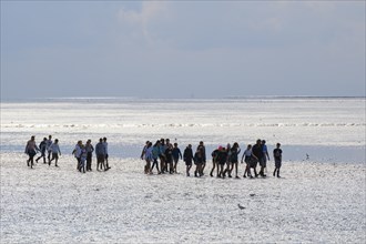 A group of pupils on a mudflat hike in the Wadden Sea National Park, low tide, Norddeich, Norden,