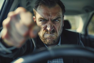 Angry, unnerved, aggressive, screaming man sitting behind the steering wheel and gesticulating