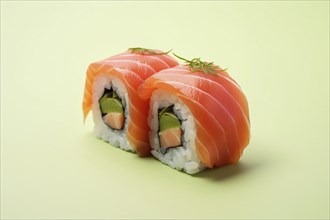 Two piesces of salmon sushi. KI generiert, generiert, AI generated