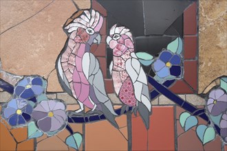 Wall mosaic with pink cockatoo by Isidora Paz Lopez 2019, cockatoo, parrots, bird figures, pink,