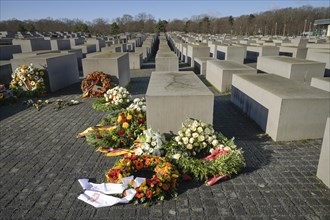 Floral wreaths, Holocaust Memorial, EbertstraÃŸe, Mitte, Berlin, Germany, Europe