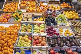 Market stall with exotic fruits in the Markthalle Stuttgart, Baden-Württemberg, Germany, Europe