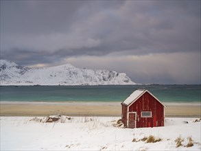 Red Rorbuer fisherman's hut on the beach in the snow, snow-covered mountains behind, Ramberg,