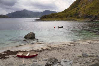 Boats at Haukland Strand, Vestvagoy, Lofoten, Nordland, Norway, Europe