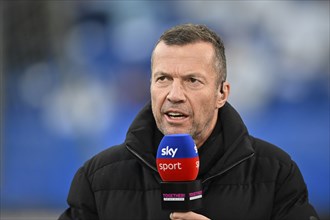 SKY TV expert Lothar MatthÃ¤us in an interview, microphone, mike, logo, PreZero Arena, Sinsheim,