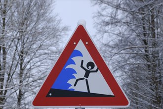 Warning sign, Caution high waves, Caution flooding, Sauerland, North Rhine-Westphalia, Germany,