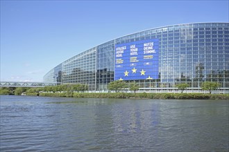 EU Parliament on the River Ill, European, Parliament, political, appeal, inscription, election,