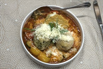 Dumpling variations served in a bowl, Bavaria, Germany, Europe