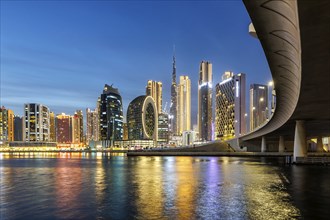 View of Dubai Burj Khalifa skyline tallest building in the world downtown at night in Dubai, United