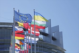 National flags at the EU Parliament, flags, Ukrainian, flagpole, European, European, European