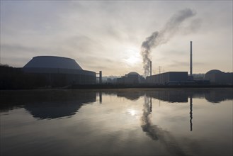 Energy turnaround, shutdown Neckarwestheim nuclear power plant on the Neckar, sunrise, foggy,