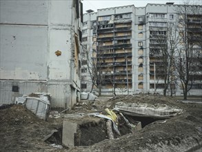 Trench and destroyed residential buildings, Severno Saltivka, Kharkiv, Ukraine, Europe