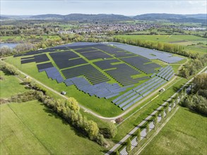 Aerial view, solar modules, solar park, photovoltaics, power generation from solar energy on a