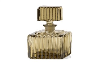 Old empty perfume bottle, flacon, white background