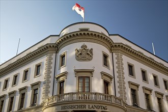 Hessian parliament with state flag in the former Nassau city palace, state capital Wiesbaden,