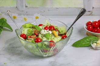 Mixed salad in glass bowl, tomatoes and garlic next to it