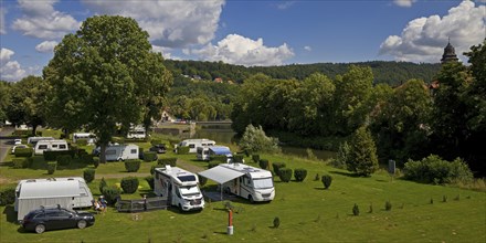 Camping site on the river island Obere Tanzwerder on the tributary of the river Fulda, Hannoversch