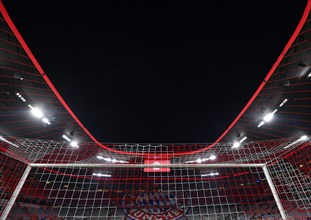 CL, Champions League evening, Allianz Arena, interior, goal net, scoreboard, empty, Munich, Bayern,