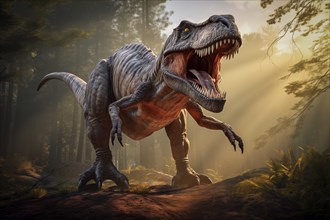 Tyrannosaur rex roaring in a prehistoric forest with lush vegetation, ferns and sunlight, AI