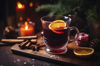 Glass of traditional mulled wine with orange and cranberry garnishes on a cozy Christmas table. The