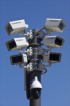 Many surveillance cameras in urban environment, Bahnhofsplatz, state capital Wiesbaden, Hesse,