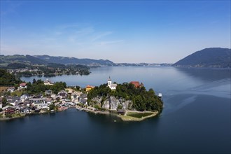 Drone shot, panorama shot, Johannesberg Chapel, Traunkirchen with Traunstein, Lake Lake Traun,