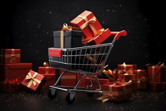 A black Friday Sale concept, black present boxes with red ribbons in shopping cart on a black