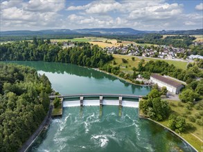 Aerial view of the Rheinau hydroelectric power plant power station and electricity plant with the