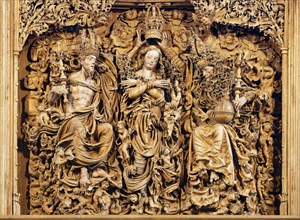 Coronation of Mary by Jesus, right, and God the Father, left, altar reredos, carved altar of the