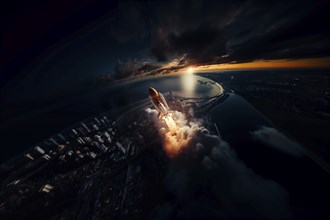 Aerial view of a rocket shuttle carrier launch at sunrise over an ocean coast. The rocket is