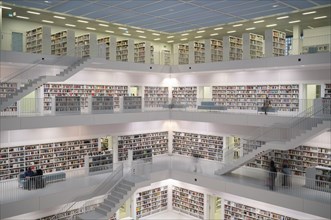 Interior view, gallery hall with staircases of the city library, architect Eun Young Yi, Stuttgart,