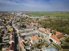 Riesa town centre on the Elbe. Monastery church and town hall on the town hall square