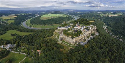 Königstein Fortress in Saxon Switzerland. Aerial view with Elbbogen and Lilienstein., Königstein,