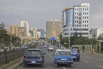 Cars driving on busy road in the city Addis Ababa, Addis Abeba, Oromia Region, Ethiopia, Africa