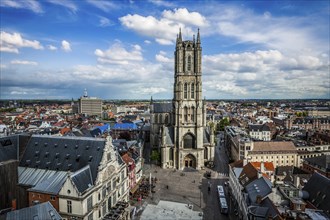 Saint Bavo Cathedral (Sint-Baafskathedraal) and Sint-Baafsplein, aerial view from Belfry. Ghent,